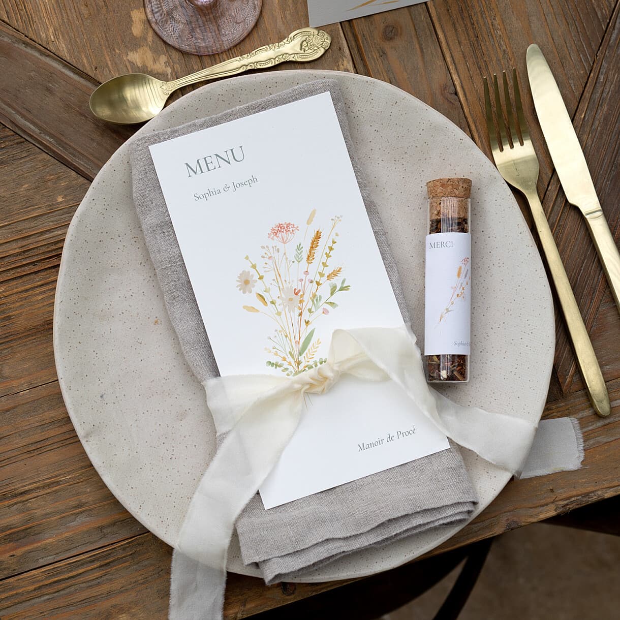 Menu de mariage jardin bohème