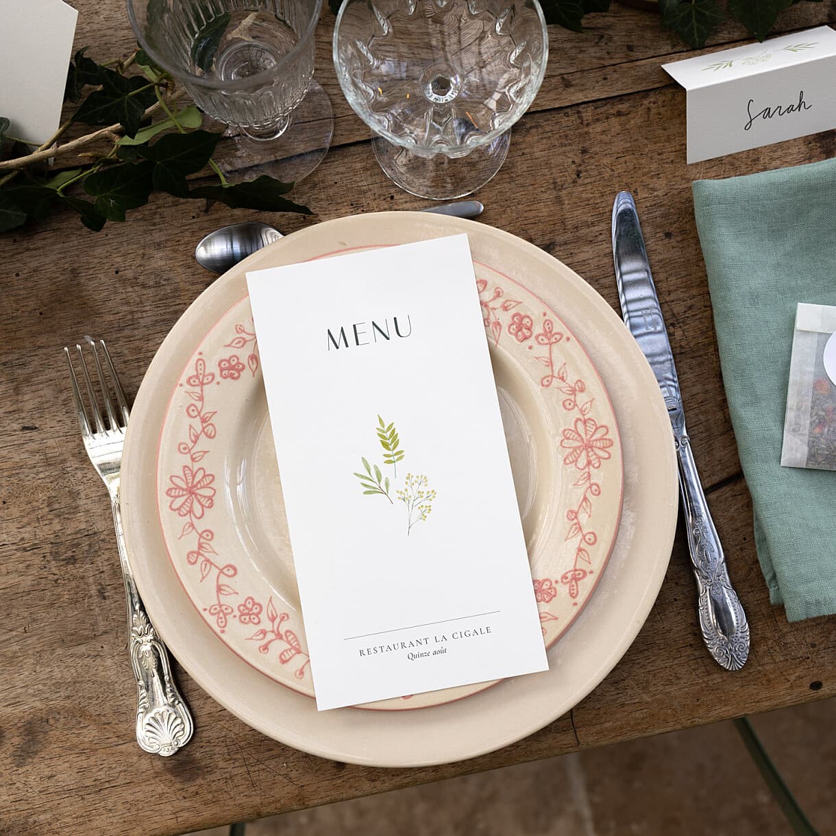 Menu de mariage aquarelle végétale