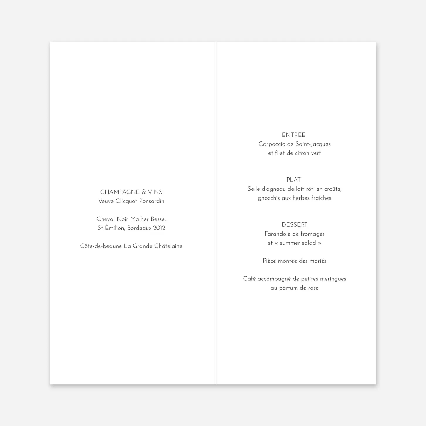 Menu mariage L'air du vent