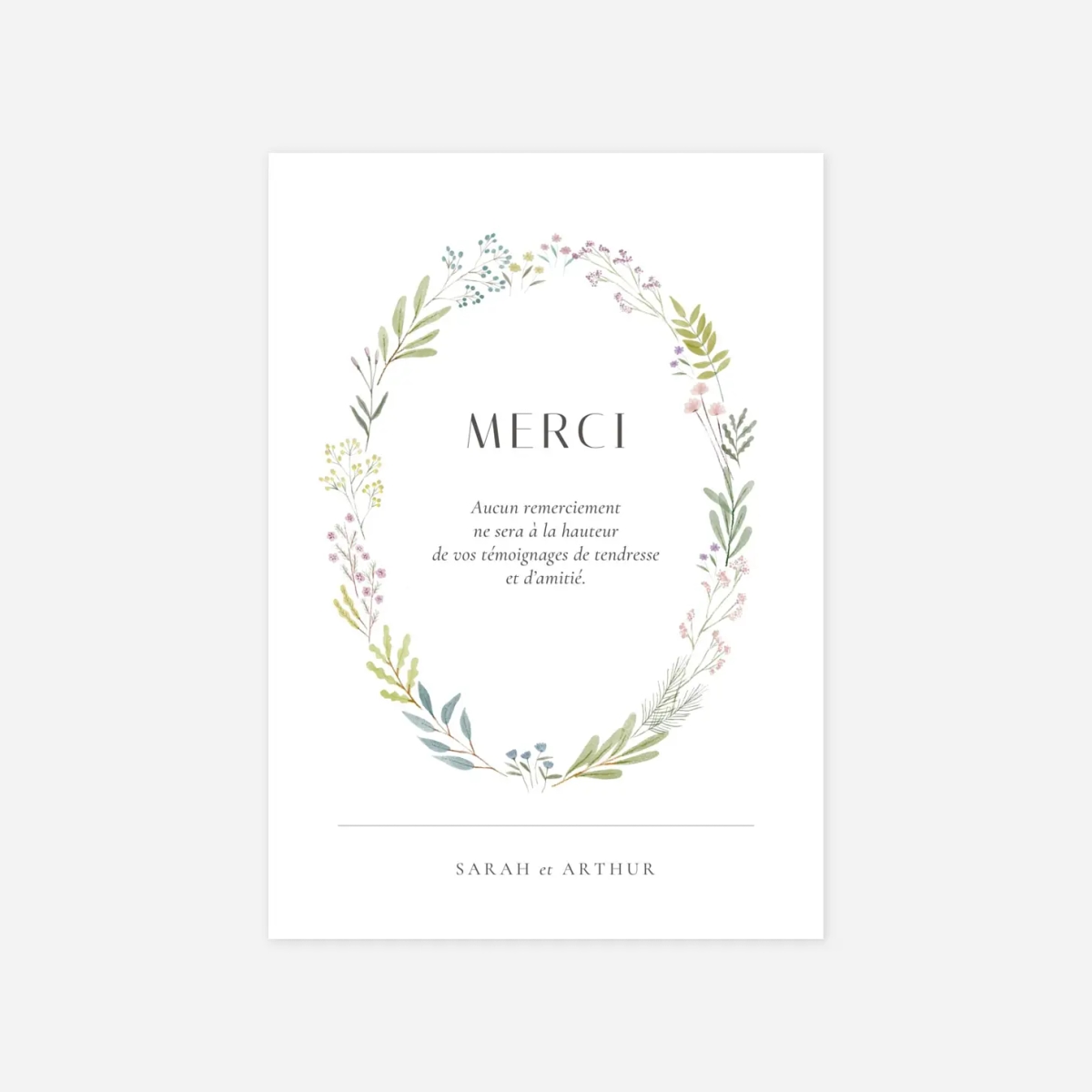 Carte de remerciements Aquarelle végétale en couronne