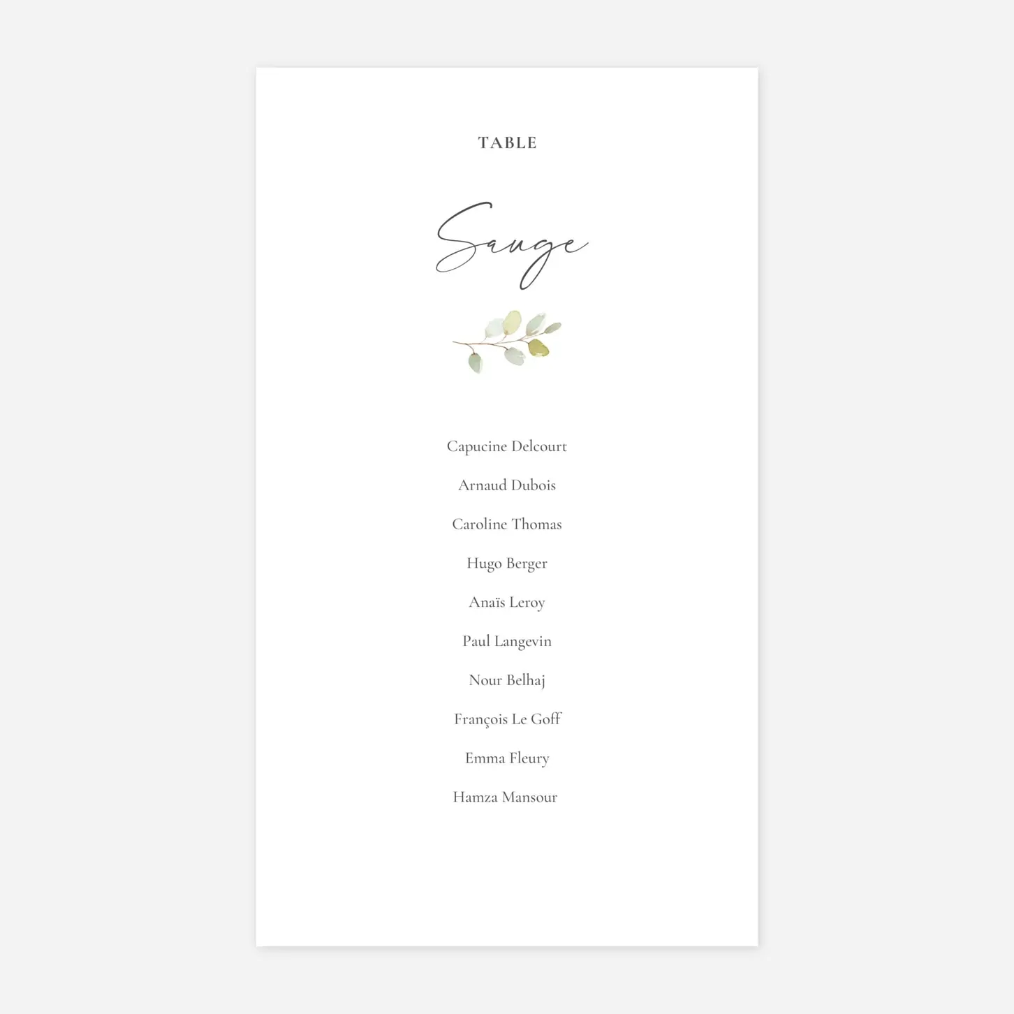 Nom de table mariage Brins d'eucalyptus