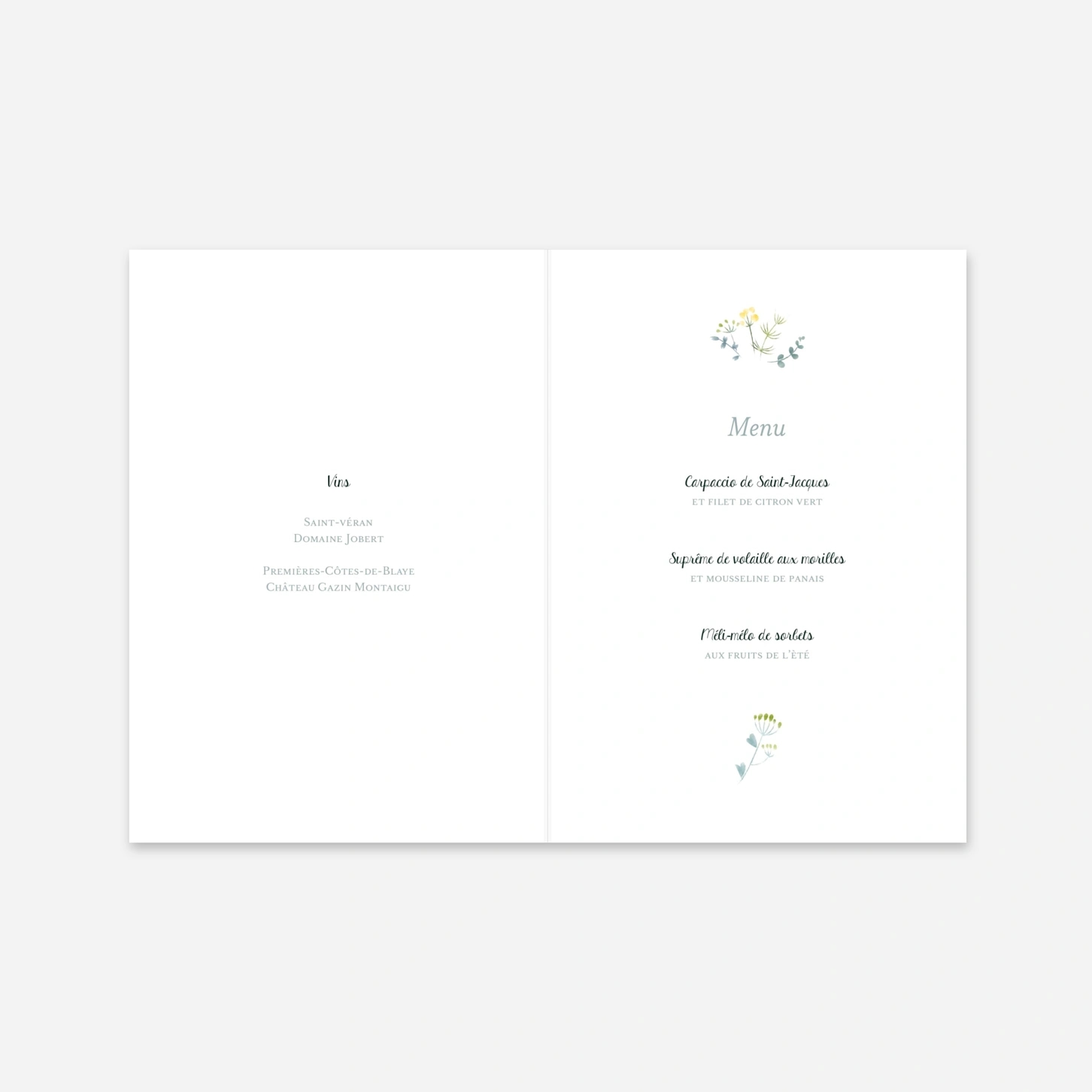 Menu baptême Bouquet sauvage