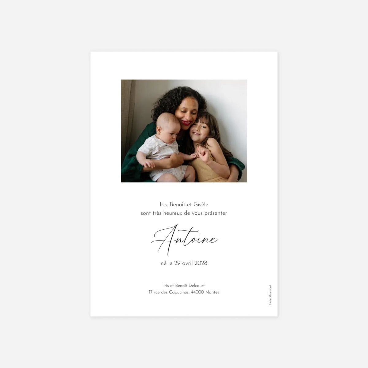 Faire-part naissance Calligraphie cadre et pictos