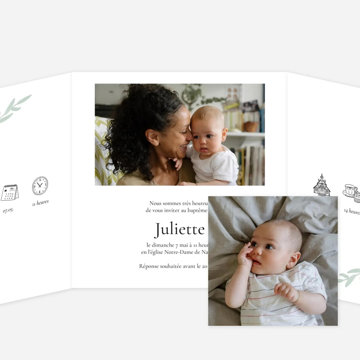 Faire-part baptême Couronne d'eucalyptus