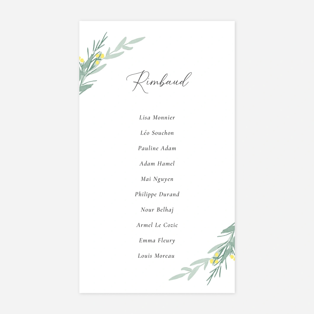 Nom de table mariage Couronne d'eucalyptus