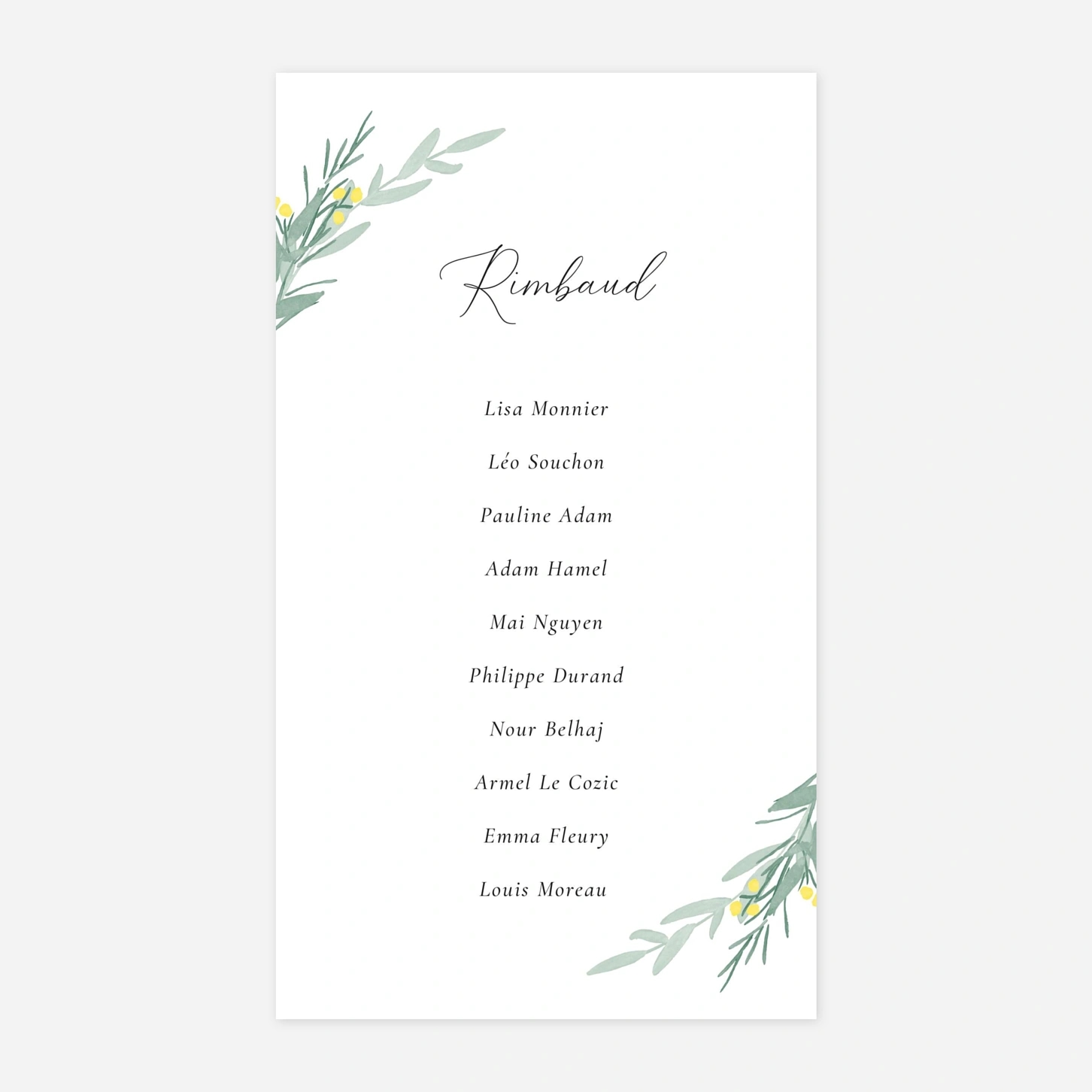 Nom de table mariage Couronne d'eucalyptus