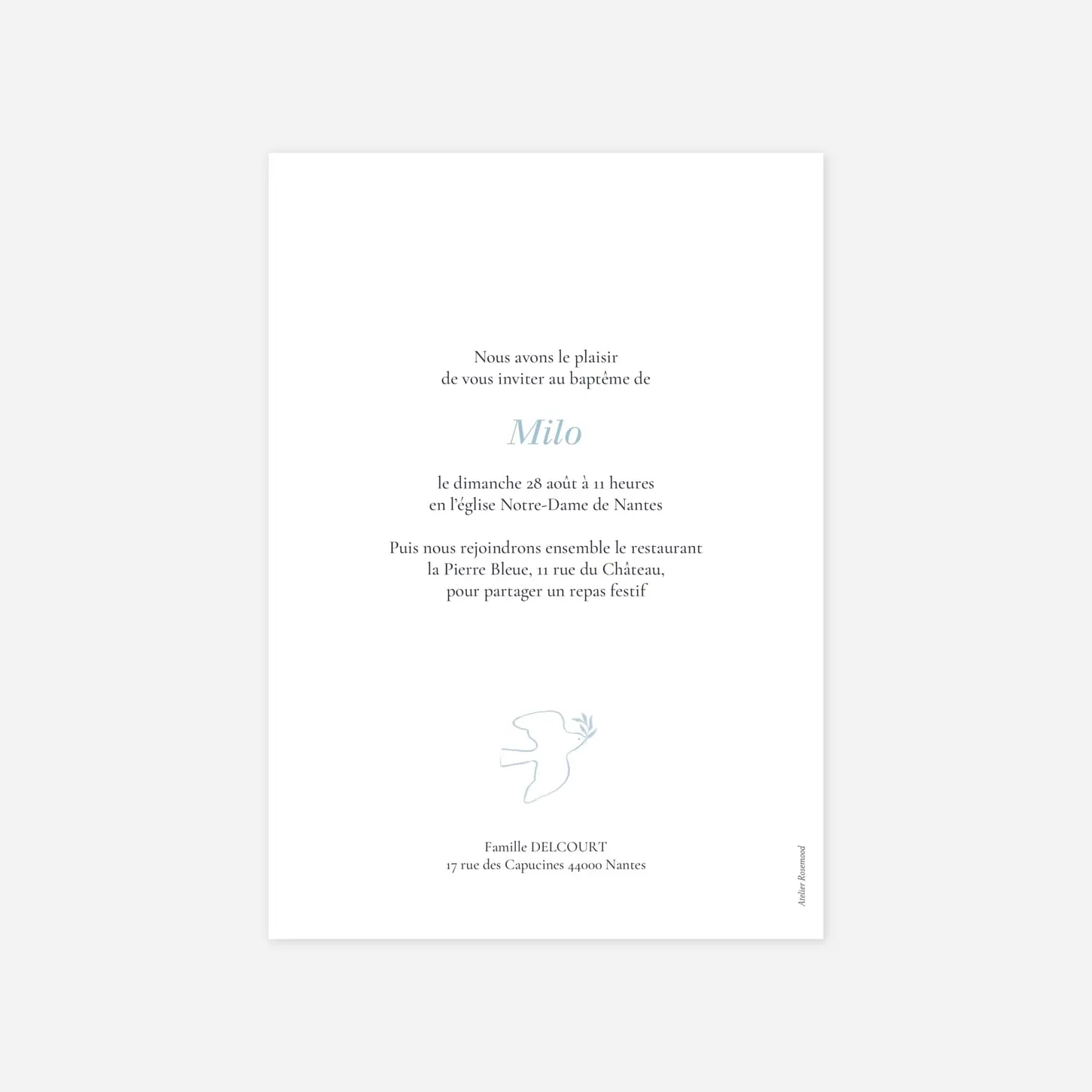 Faire-part baptême Colombe minimaliste