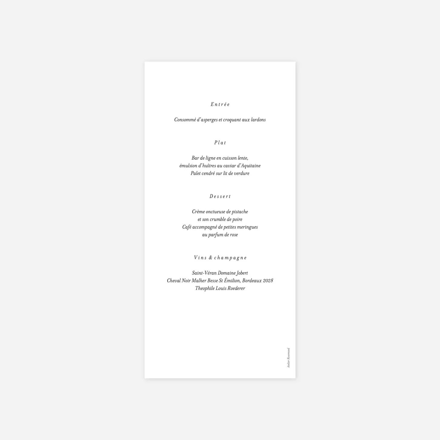 Menu mariage Cœur végétal