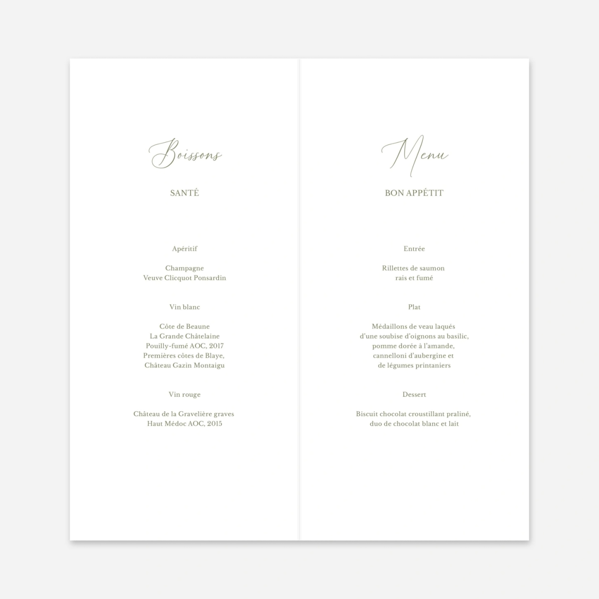 Menu mariage Douce Union