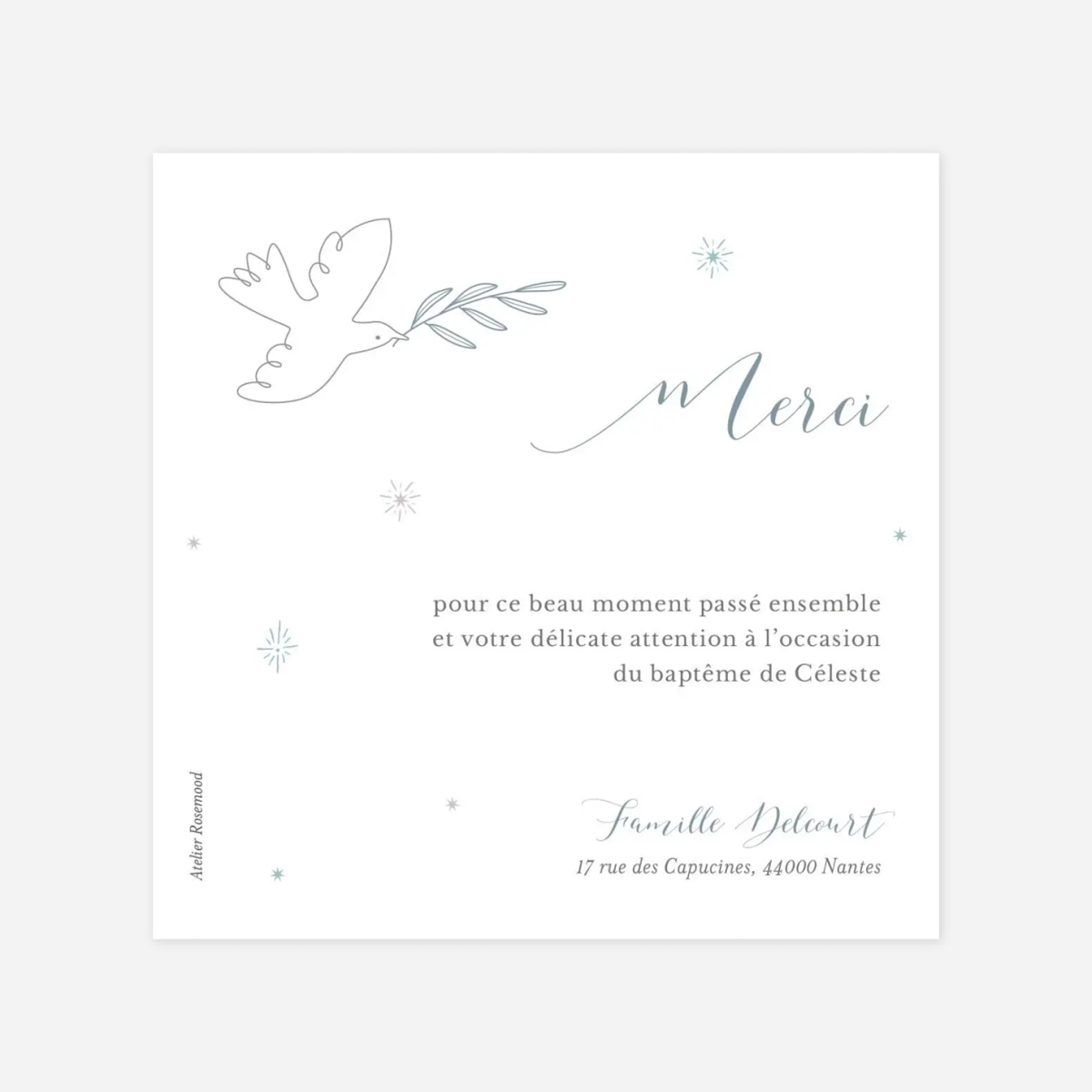Carte remerciement naissance Douce colombe