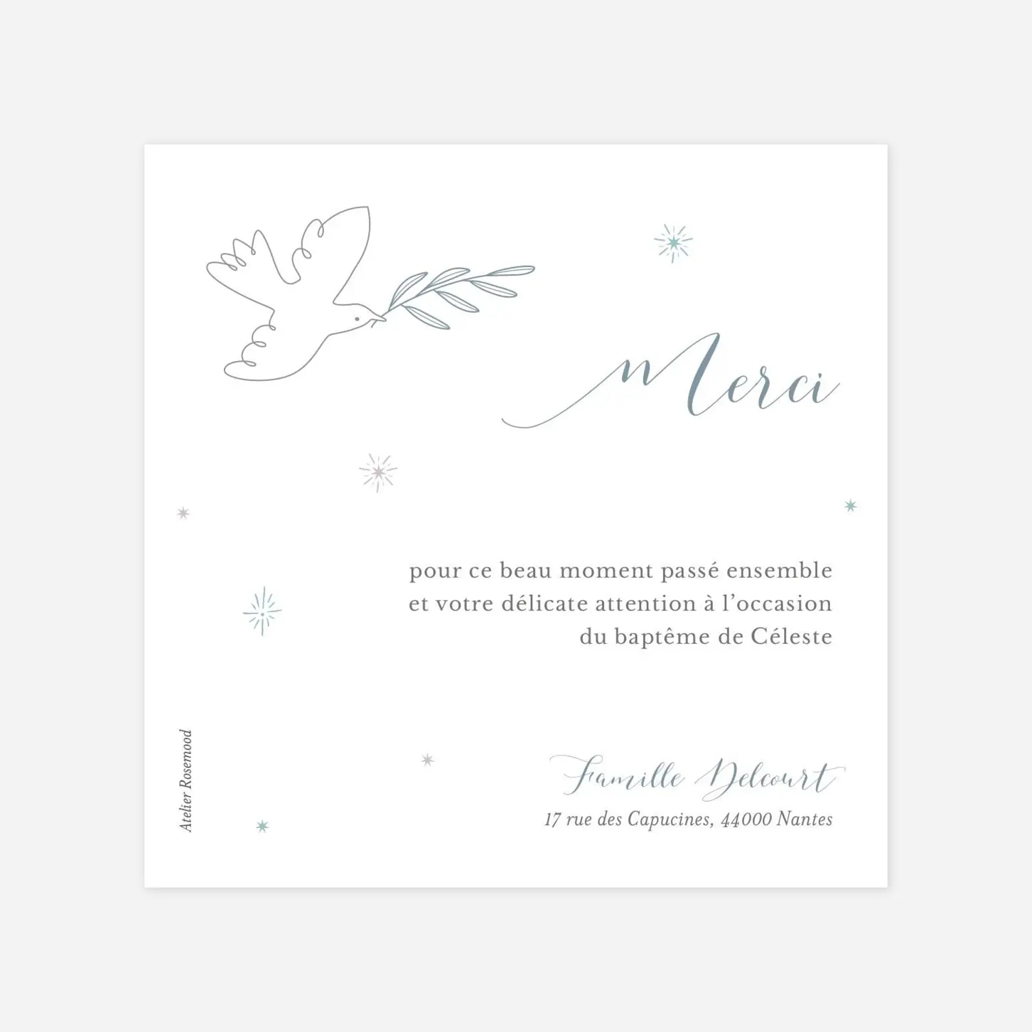 Carte remerciement naissance Douce colombe