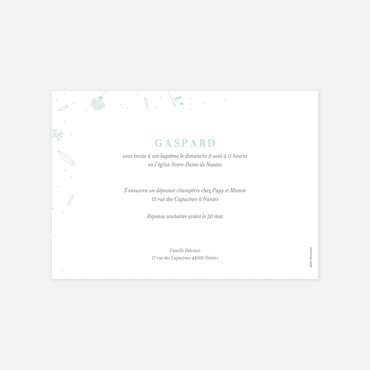 Faire-part baptême Élégant feuillage