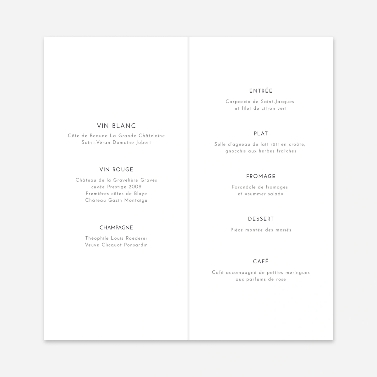 Menu mariage Étincelles