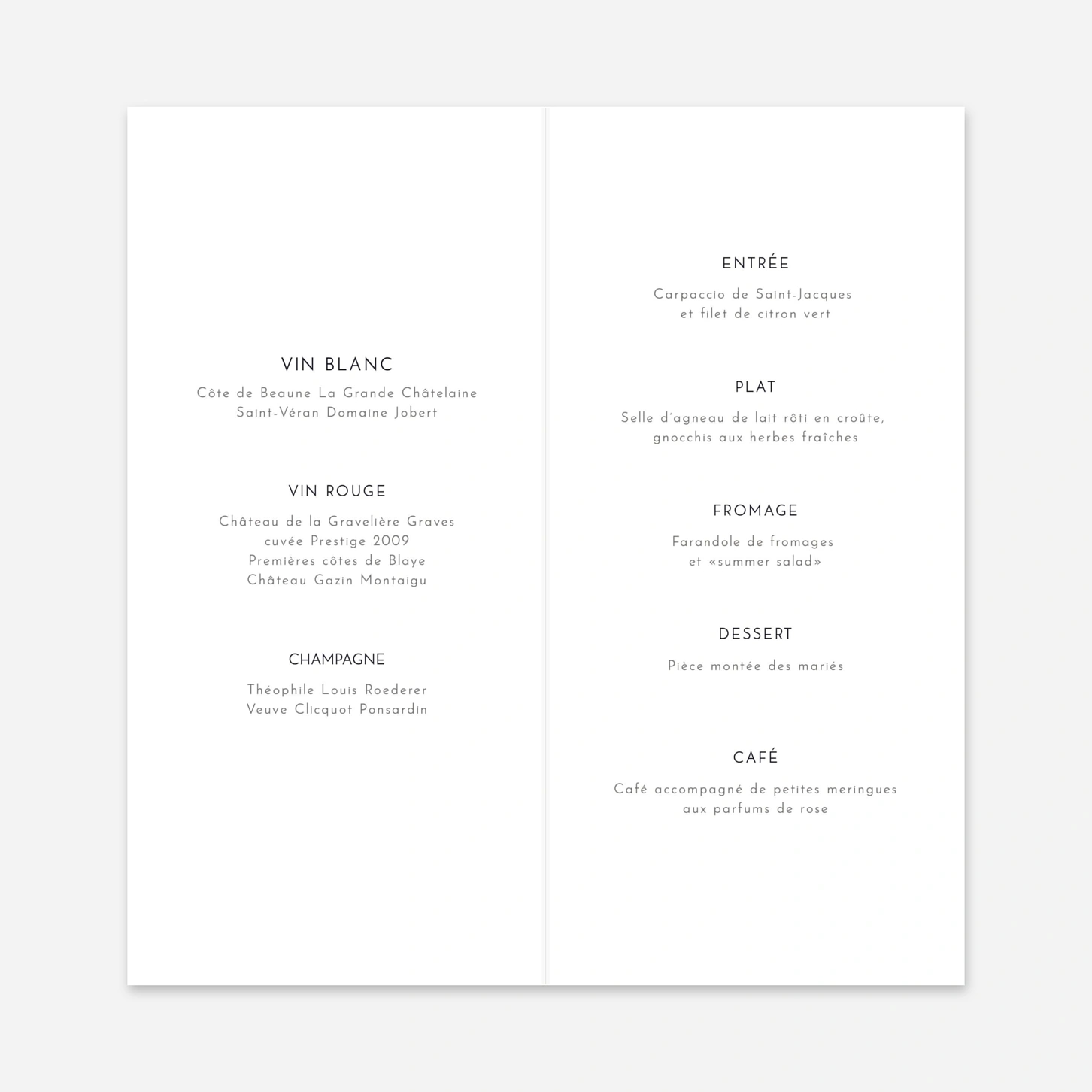 Menu mariage Étincelles