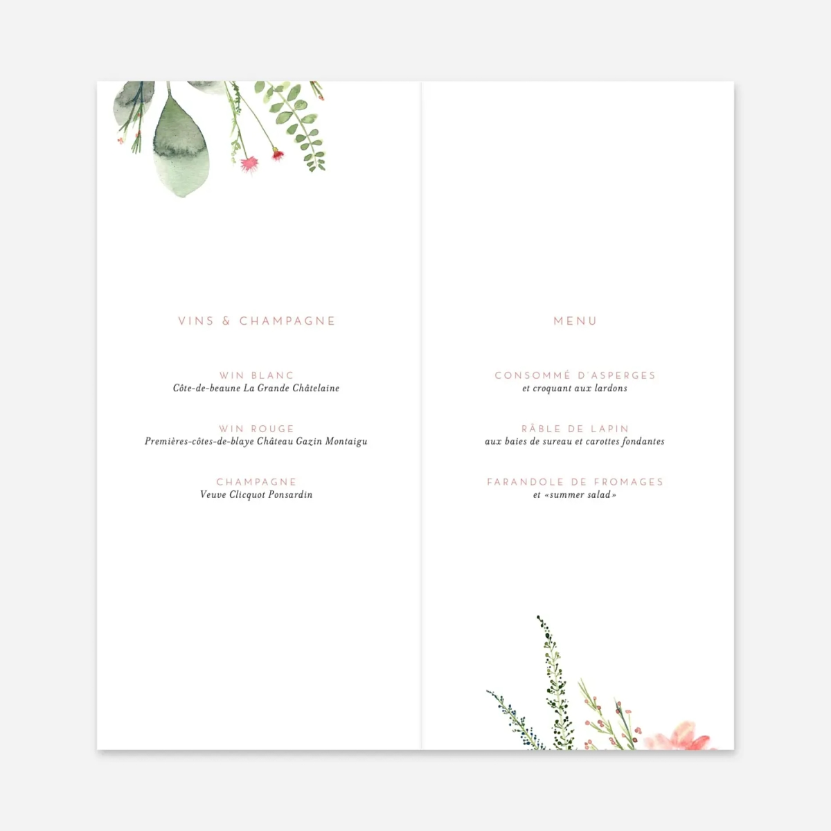 Menu mariage Fleurs aquarelle