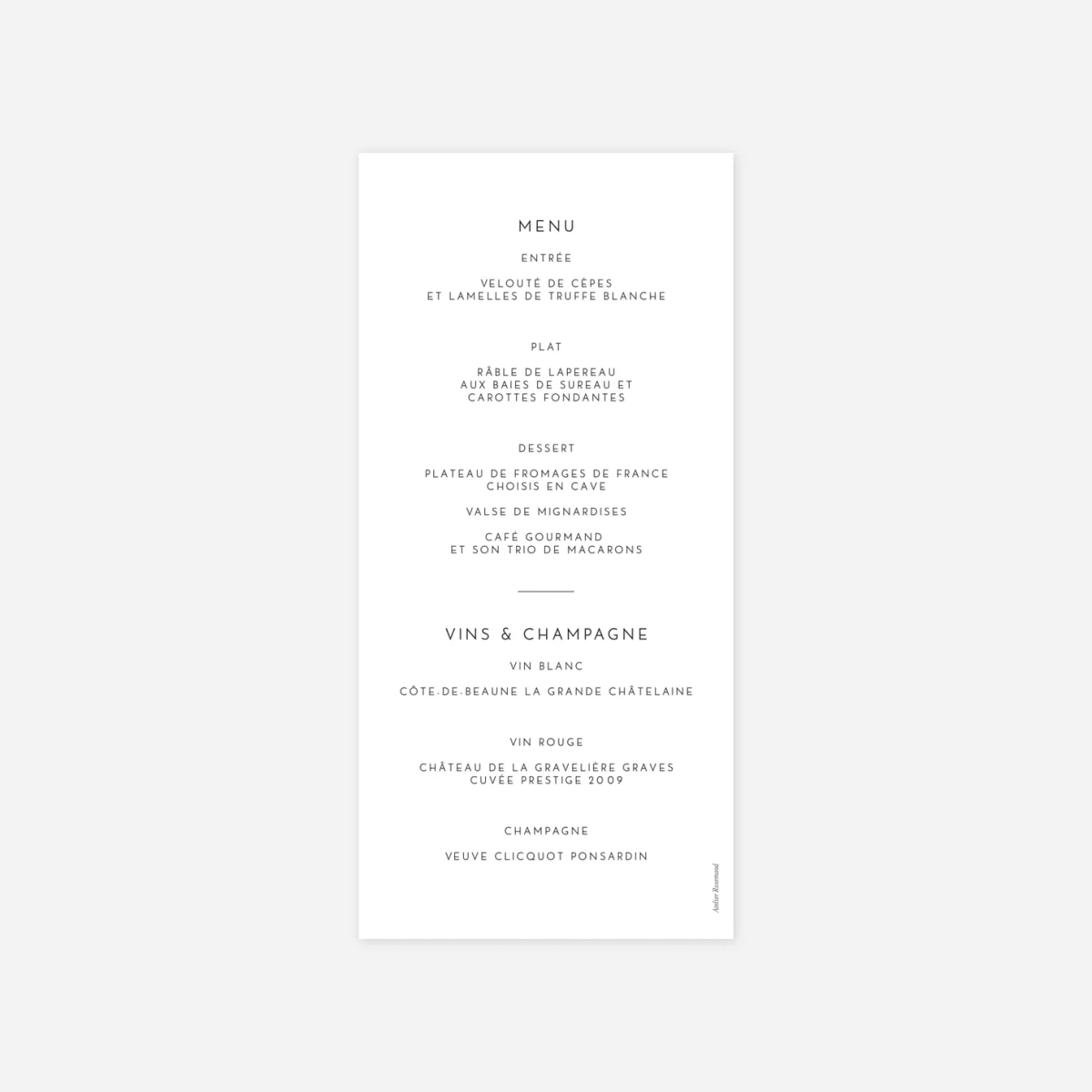 Menu mariage Intemporel