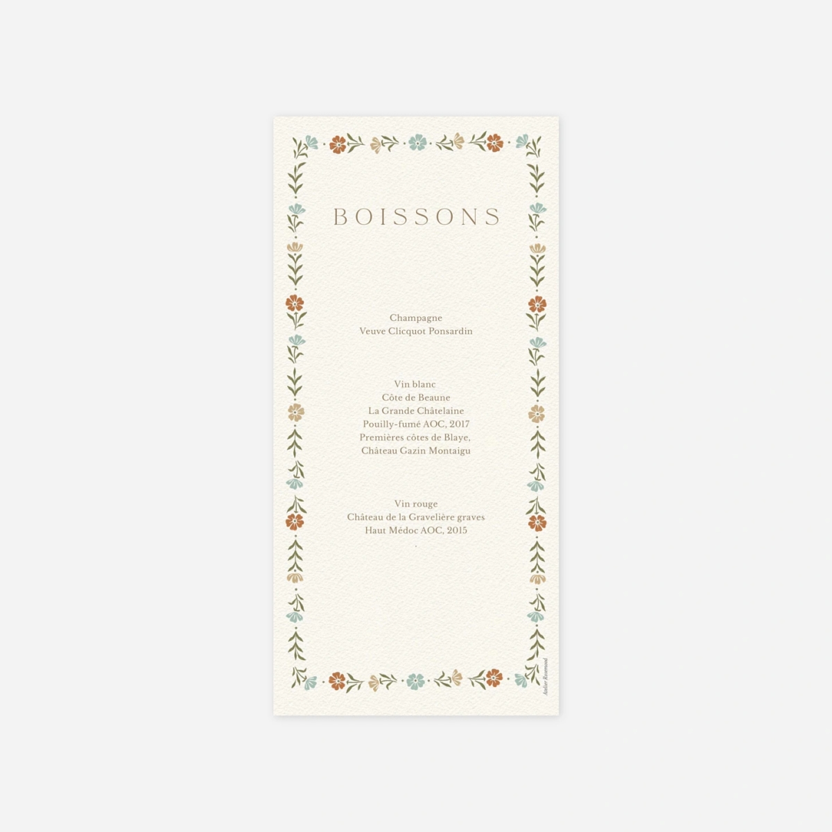 Menu mariage Jardin éternel