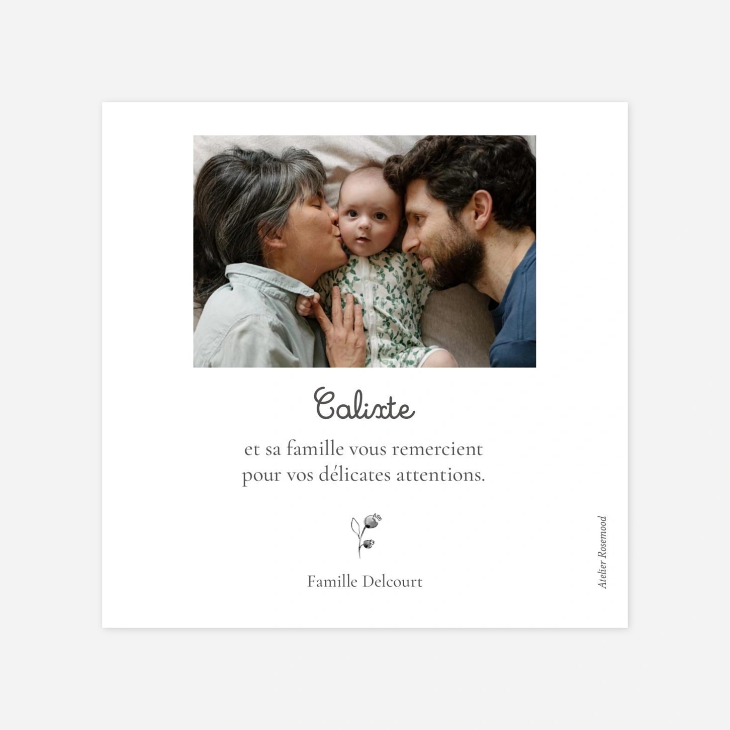 Carte remerciement naissance Lapin crayonné