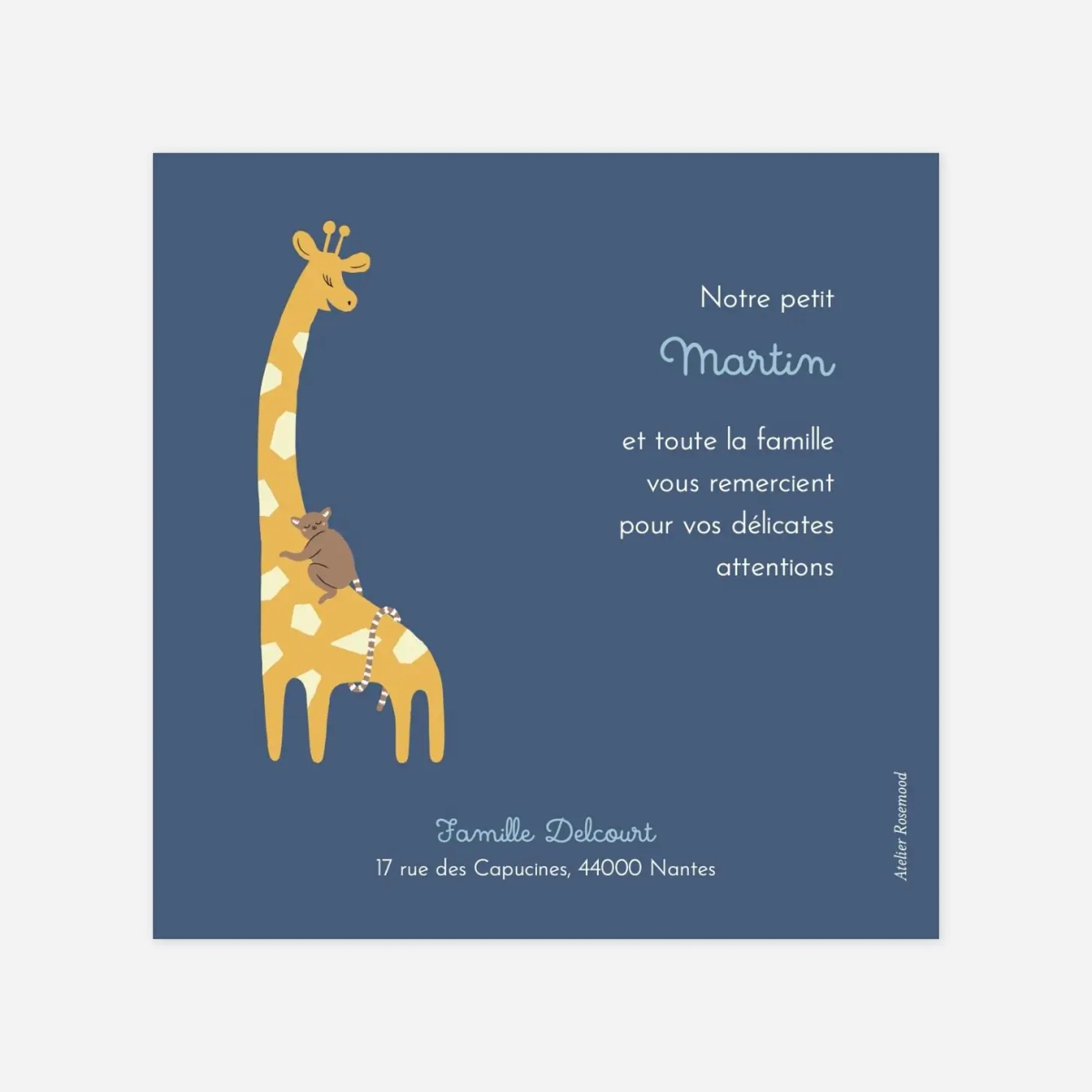 Carte remerciement naissance La famille des animaux