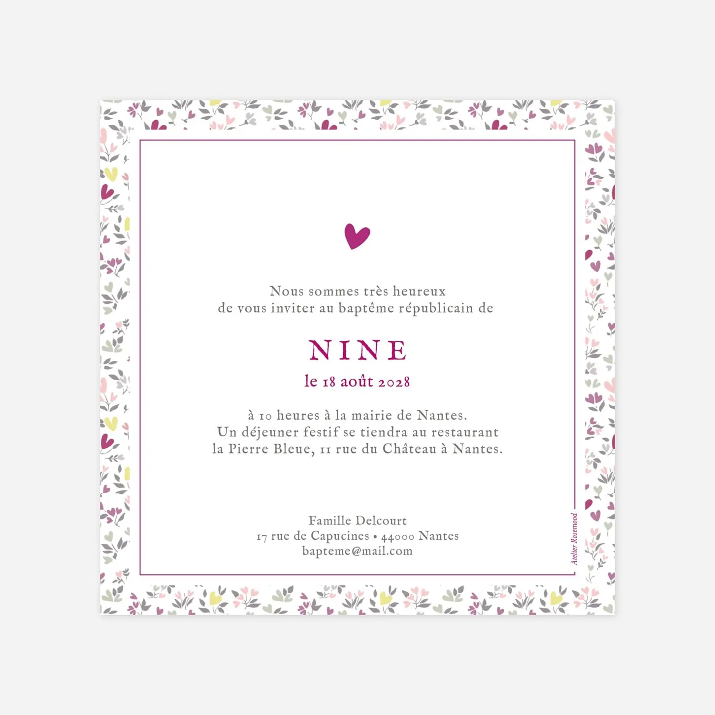 Faire-part baptême Liberty coeur