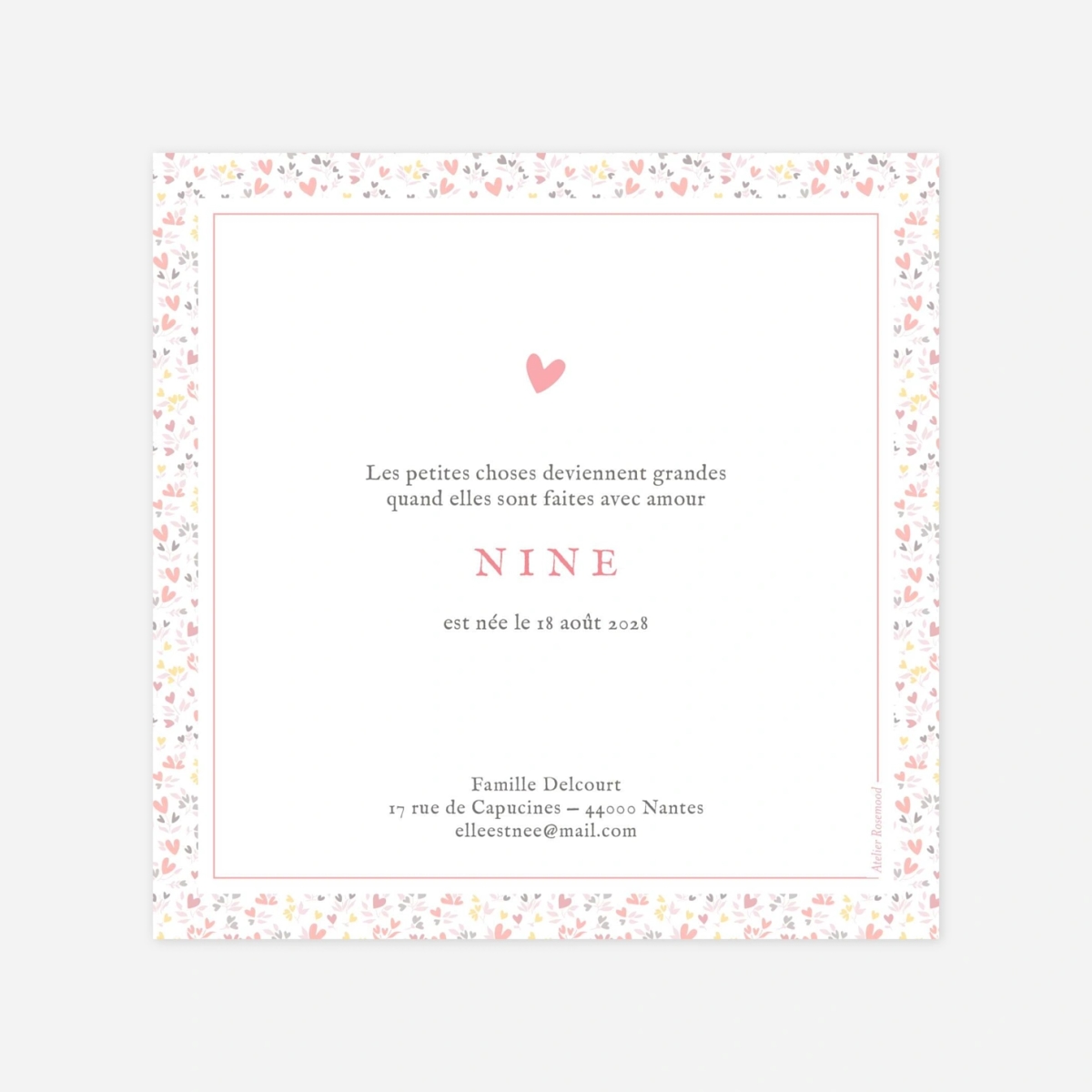 Faire-part naissance Liberty coeur en couleur