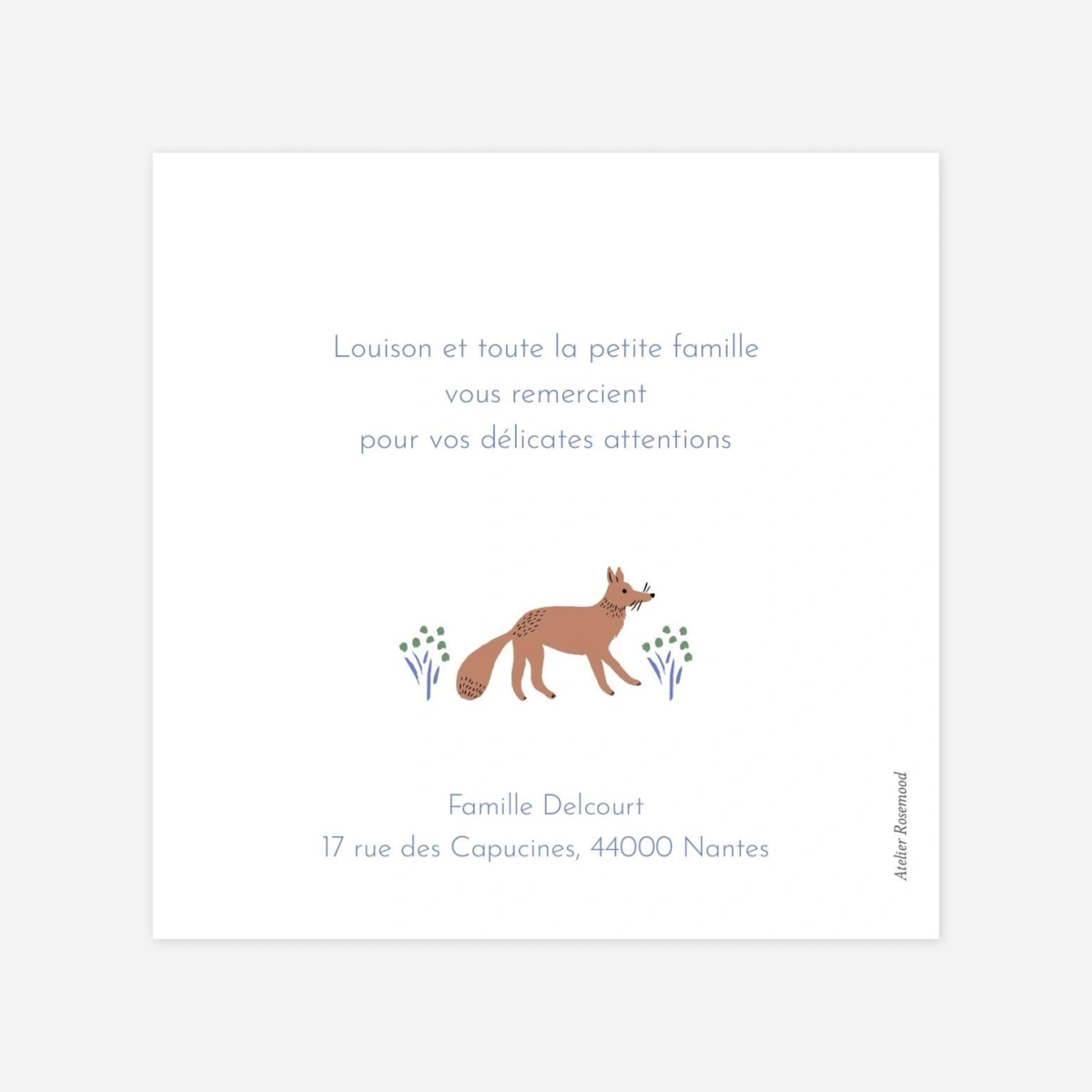 Carte remerciement naissance Liberty renard