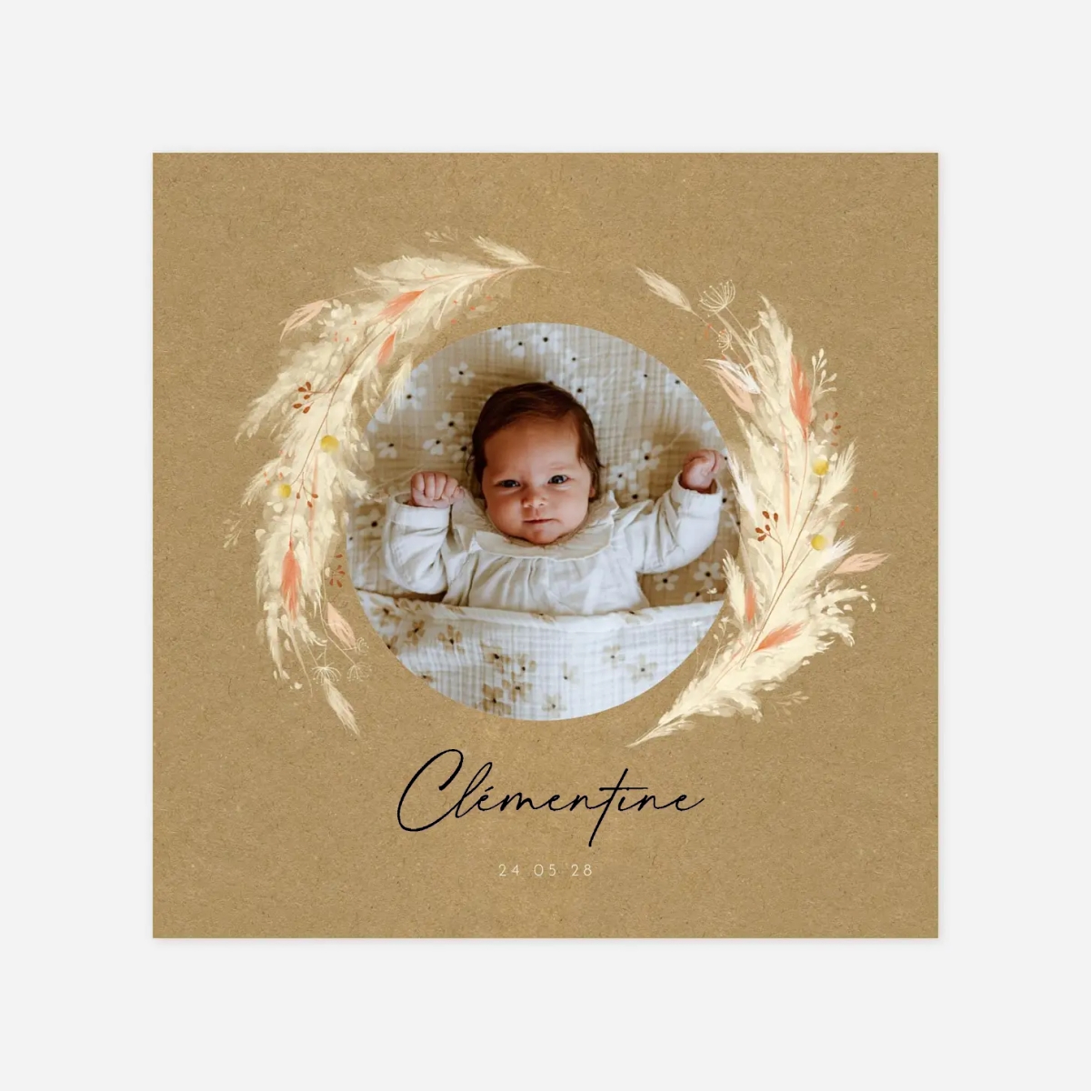 Faire-part naissance Pampas fleuries couronne