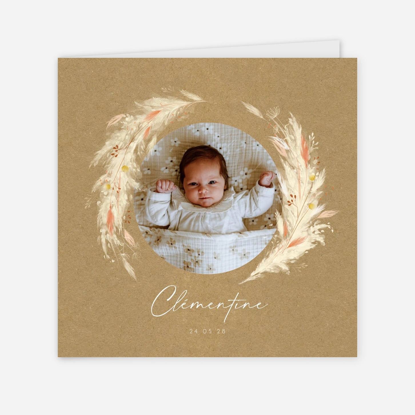 Faire-part naissance Pampas fleuries couronne