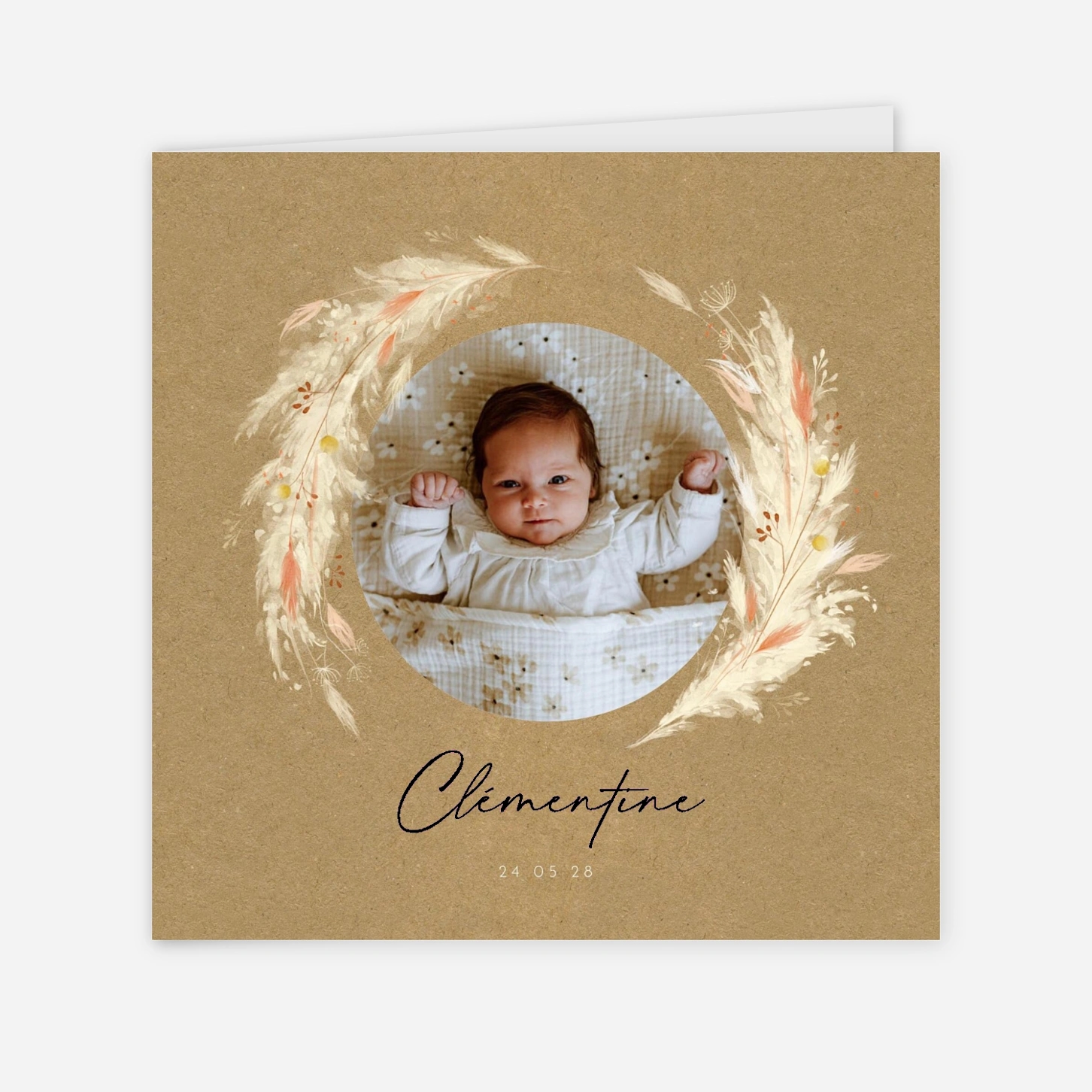 Faire-part naissance Pampas fleuries couronne