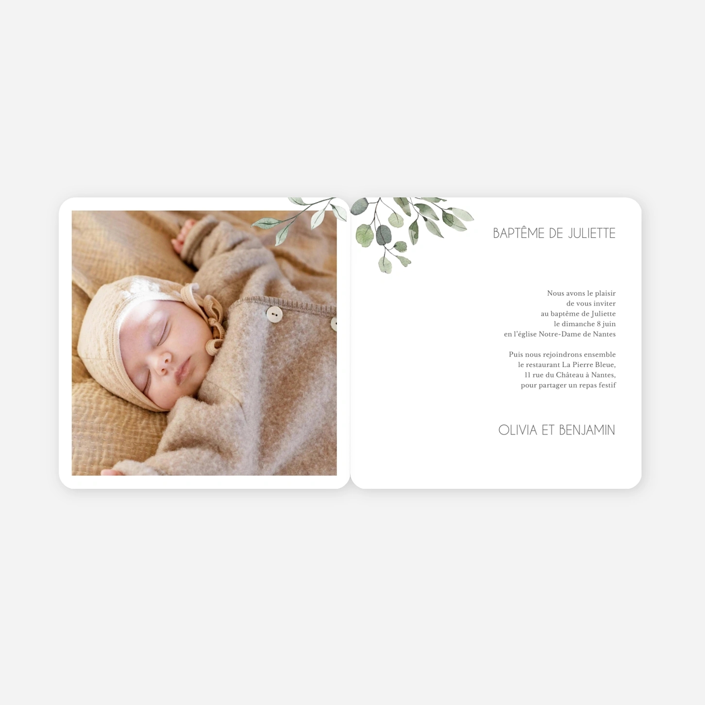 Faire-part baptême Promesse Eucalyptus