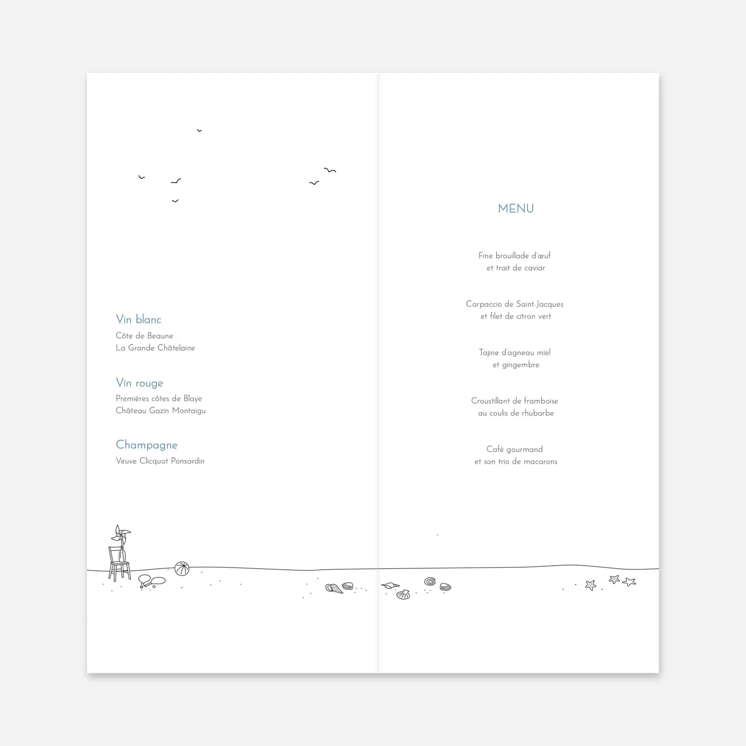 Menu mariage Promesse sur le sable