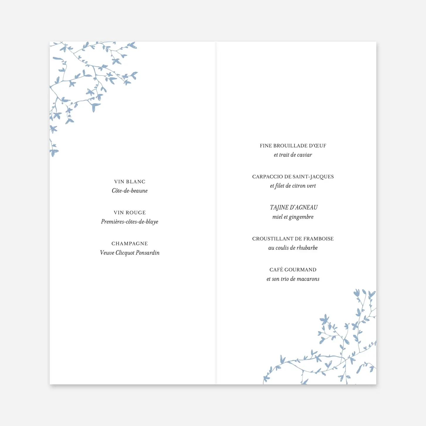 Menu mariage Reflets dans l'eau