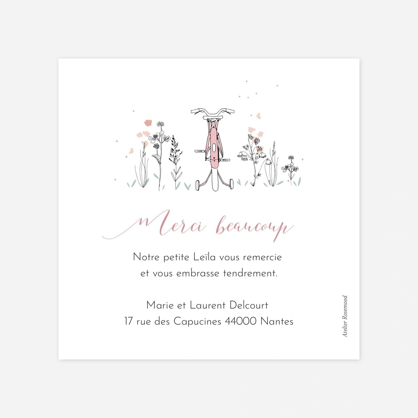 Carte remerciement naissance Petit vélo en balade