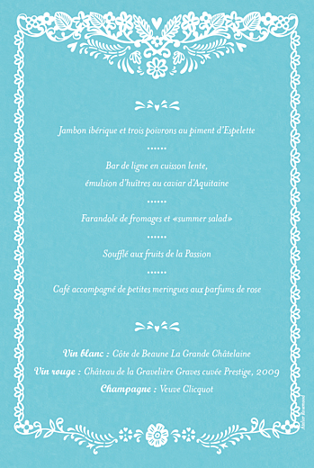 Menu de mariage Papel Picado turquoise - Verso