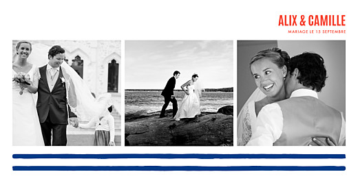 Carte de remerciement mariage Marinière 3 photos bleu marine - Recto