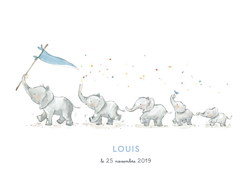 Affichette 5 éléphants en famille bleu - Recto