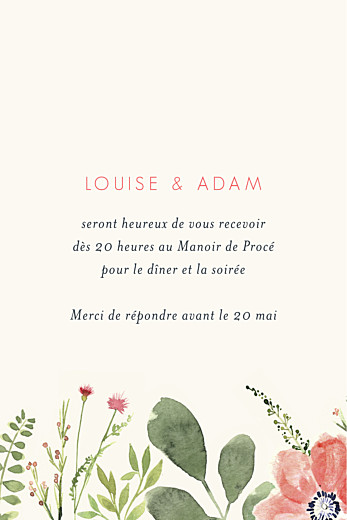 Carton d'invitation mariage Fleurs aquarelle portrait crème - Recto