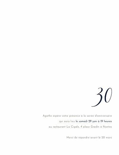 Carte d'invitation anniversaire adulte Étincelles (dorure) bleu marine - Recto