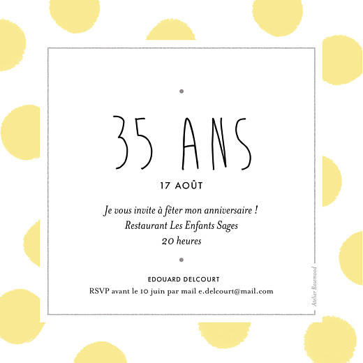 Carte d'invitation anniversaire adulte Big dots jaune - Recto