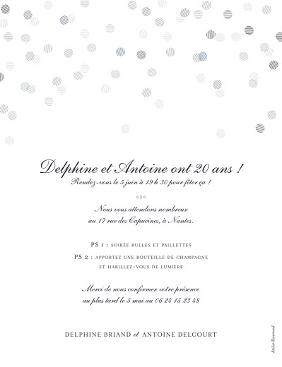 Carte d'invitation anniversaire adulte Polka dots (dorure) encre - Verso