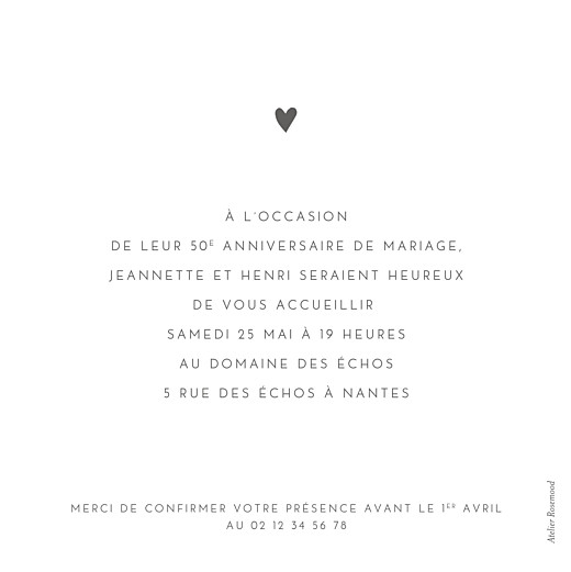 Carte d'invitation anniversaire adulte Élégant cœur (dorure) blanc - Verso