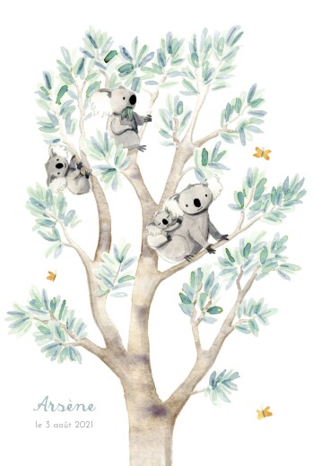 Faire-part de naissance 4 koalas en famille blanc - Recto