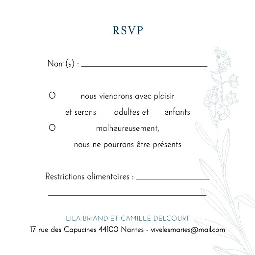 Carton réponse mariage Botanique bleu - Verso
