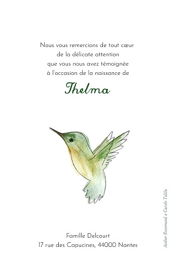 Carte de remerciement Petit Colibri vert - Verso