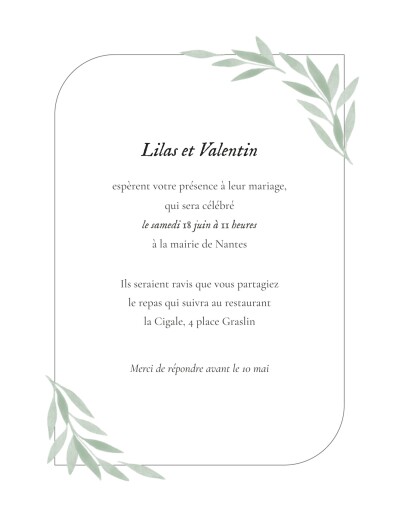 Faire-part de mariage Feuille aquarelle (portrait) vert - Recto
