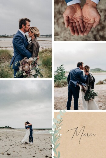 Carte de remerciement mariage Couronne d'eucalyptus (multi-photo) beige - Recto