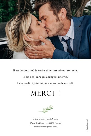 Carte de remerciement mariage Cœur végétal dorure (portrait) blanc - Verso
