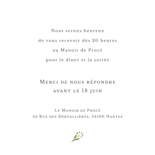 Carton d'invitation mariage Cueillette blanc - Verso