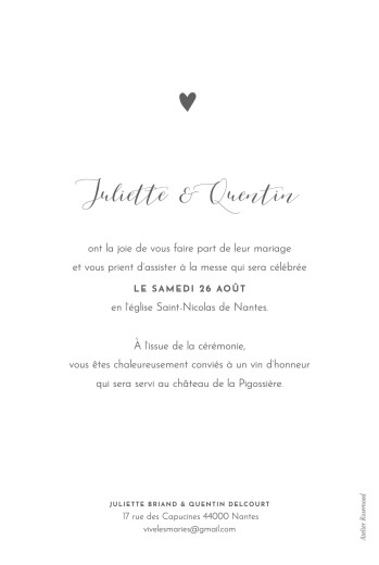 Faire-part de mariage Elegant cœur (arche) blanc - Verso